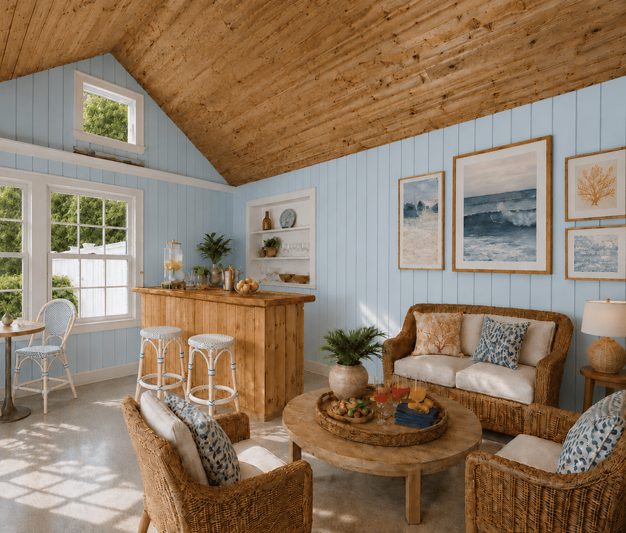 Interior of a pool house addition in Lakeville featuring exposed wood beam ceiling, light blue shiplap walls, wicker seating, a wooden bar, and coastal-themed artwork.