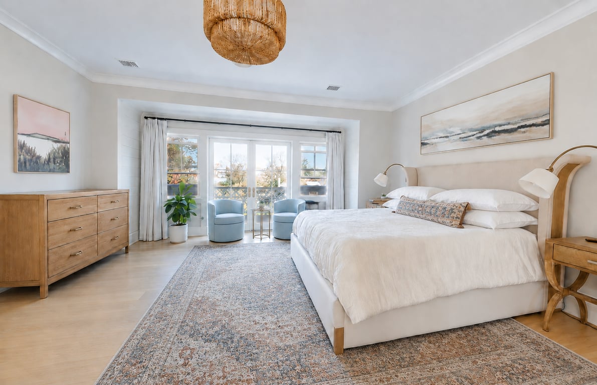 Rendered master bedroom with light wood furniture, white bedding, hardwood flooring, and glass doors opening to a balcony with water views.