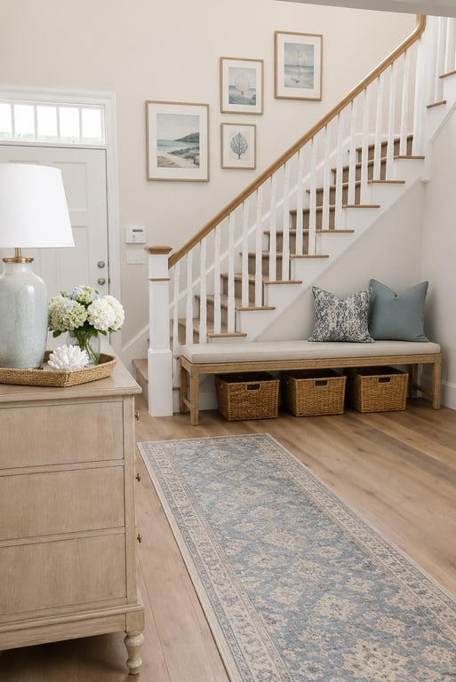 Entryway with a wooden staircase with white balusters, built-in bench with woven storage baskets, light wood cabinetry, and framed coastal artwork on the walls.