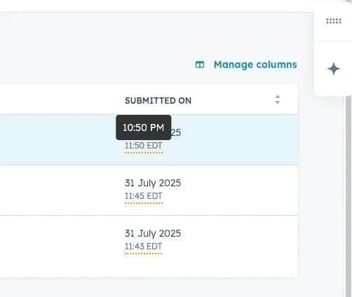 Convert Time showing a local-time tooltip over a HubSpot submission timestamp