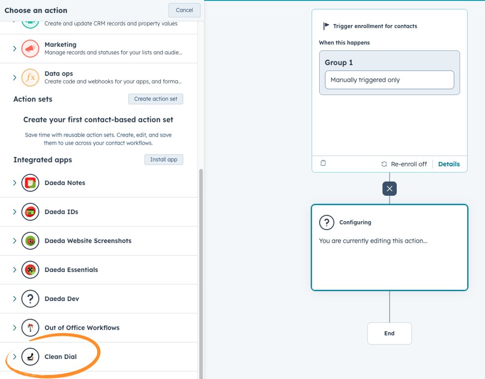 Choose Clean Dial action