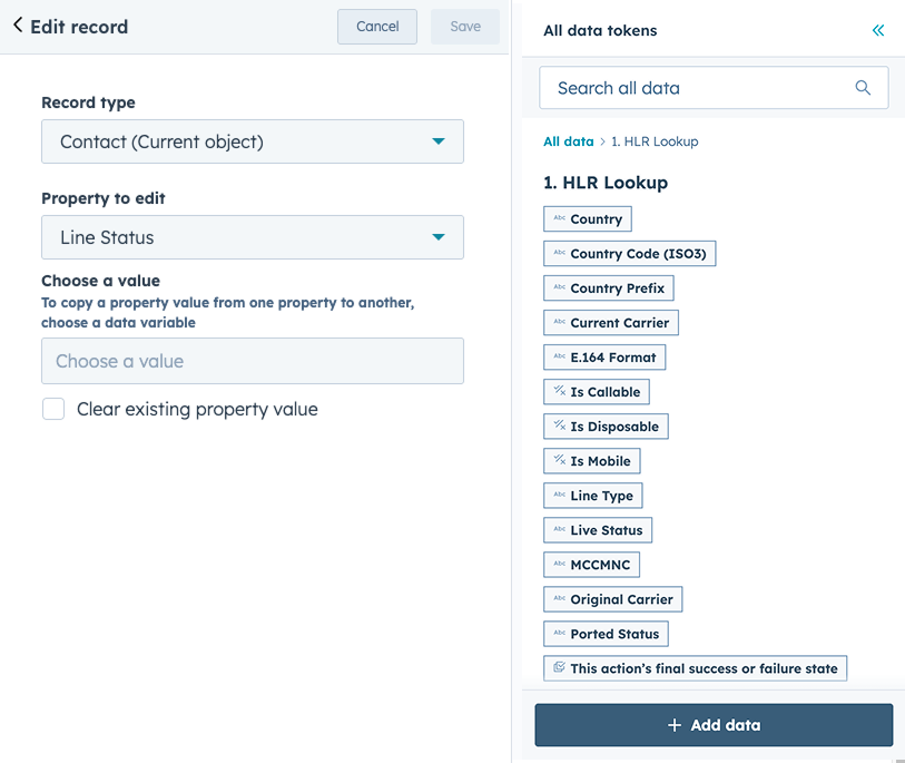 Edit record action setup