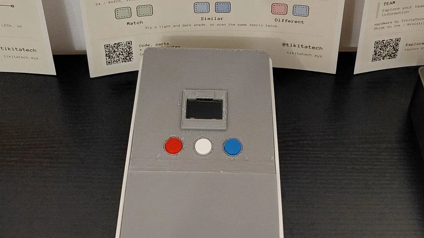 Finished Fabric Colour Sensor enclosure with its OLED and red, white and blue controls