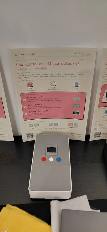 Finished Fabric Colour Sensor beside its Liverpool MakeFest datasheet and fabric samples