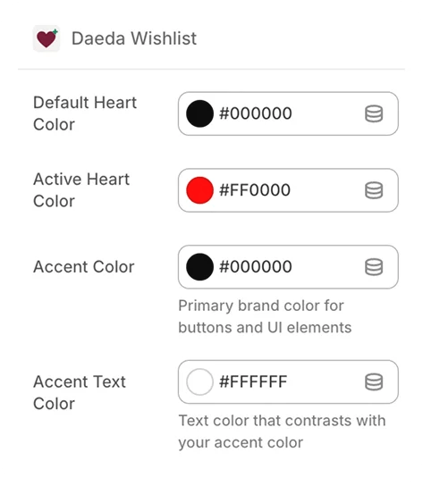Colour customisation settings — default heart, active heart, accent and text colours