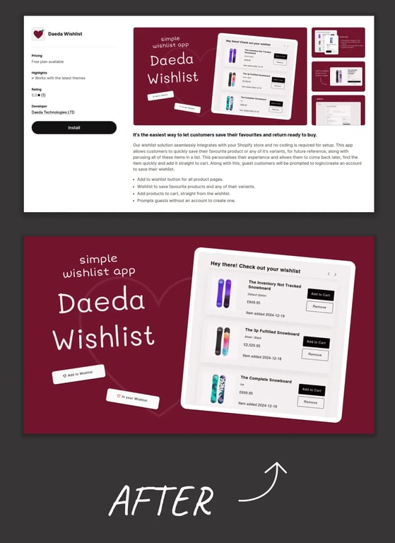 App listing after — redesigned with branded marketing graphics