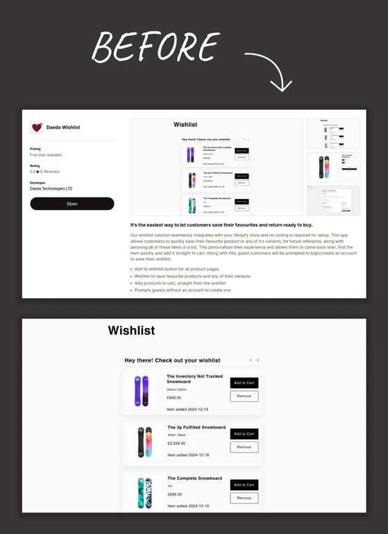 App listing before — original design with plain screenshots