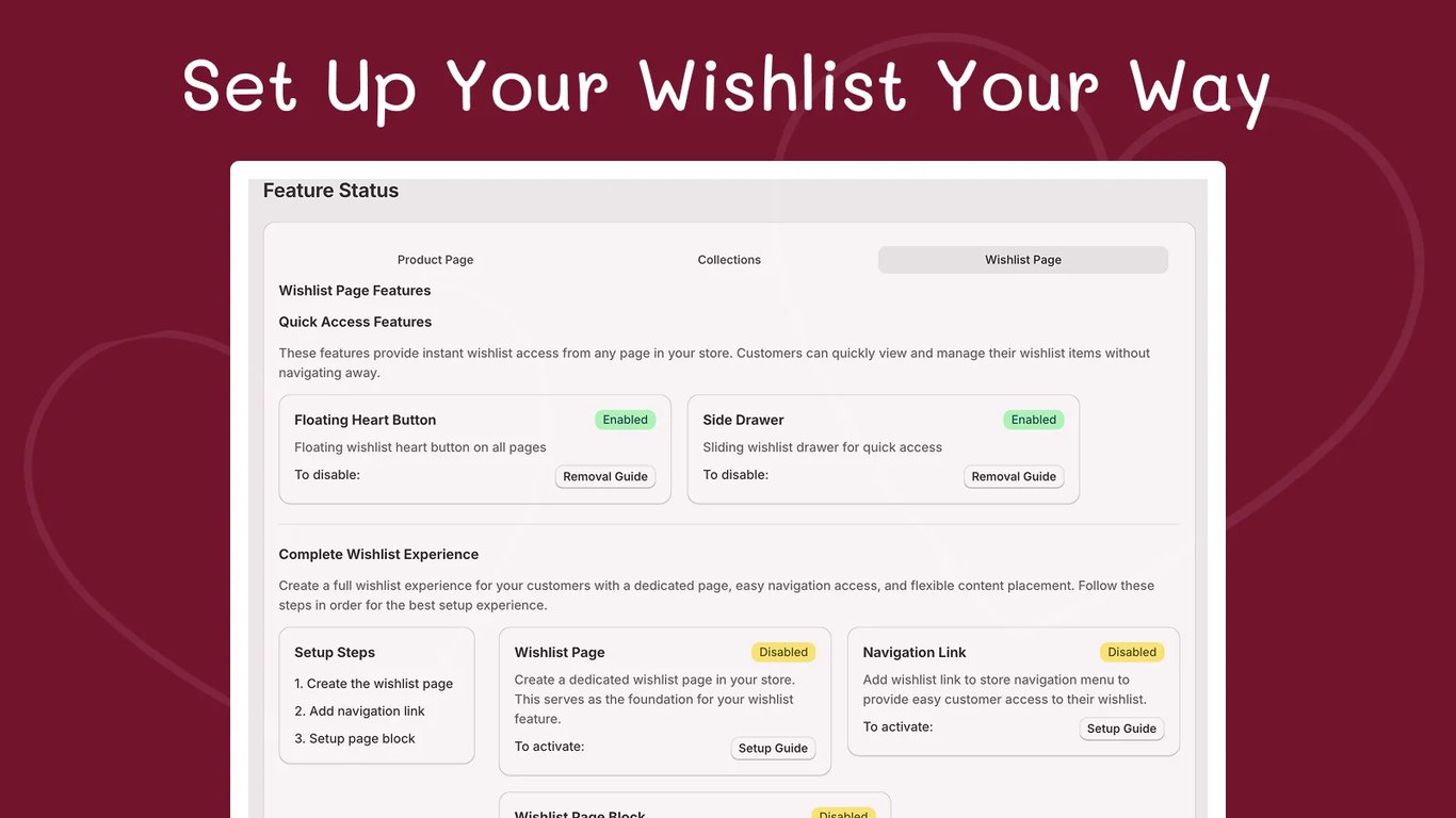 Merchant setup admin — configure floating heart, side drawer, and wishlist page features