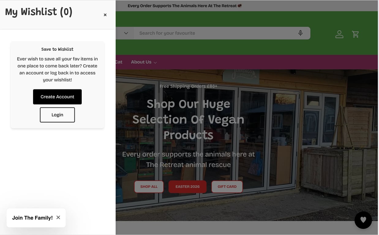 Wishlist side drawer open on The Retreat store