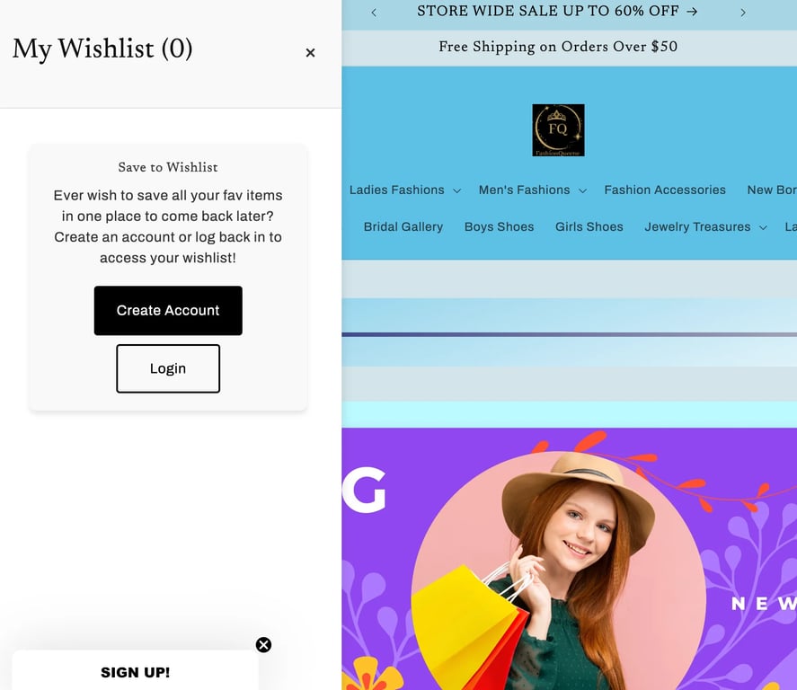 Wishlist side drawer open on the fashion store with guest account prompt