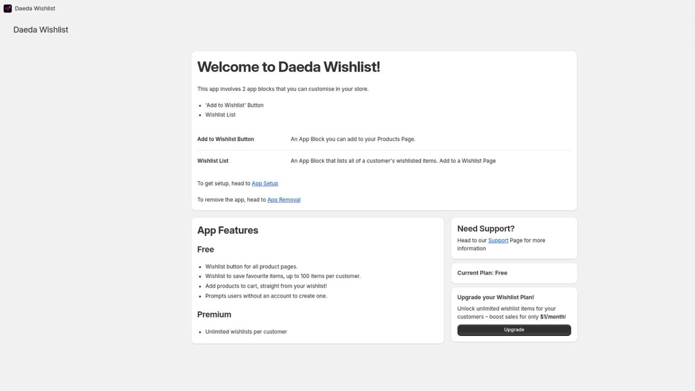 Merchant admin welcome page showing app features and setup instructions