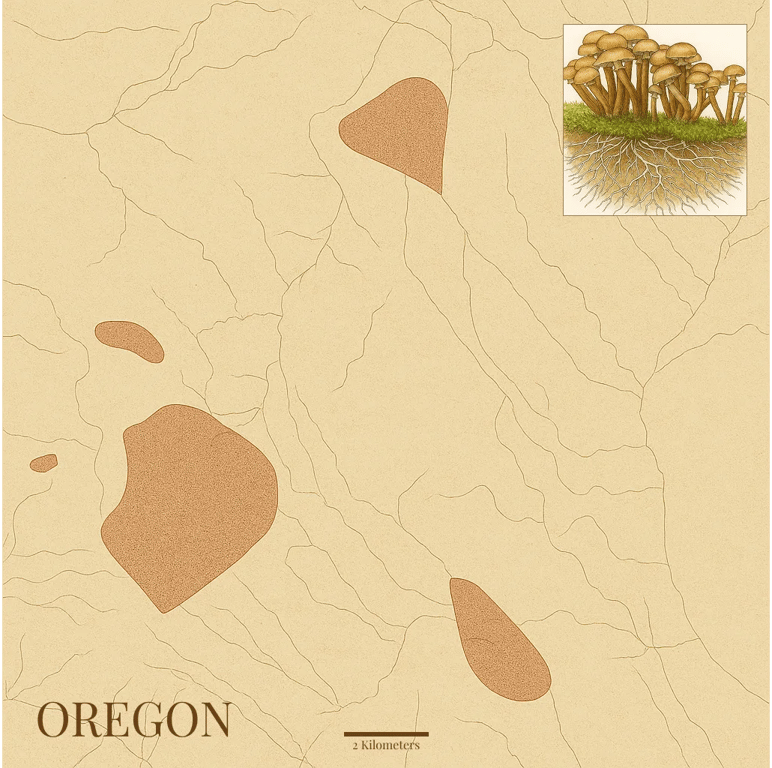The Humongous Fungus Areas with Honey Mushroom (Armillaria ostoyae)