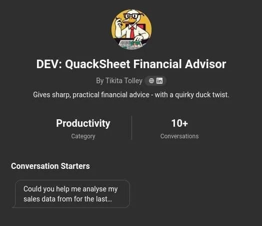 Quacksheet Financial Advisor GPT - AI Tools project screenshot showing the interface