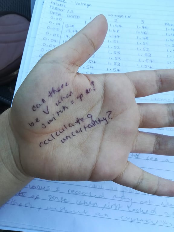 Physics notes written on hand — voltage questions and uncertainty calculations
