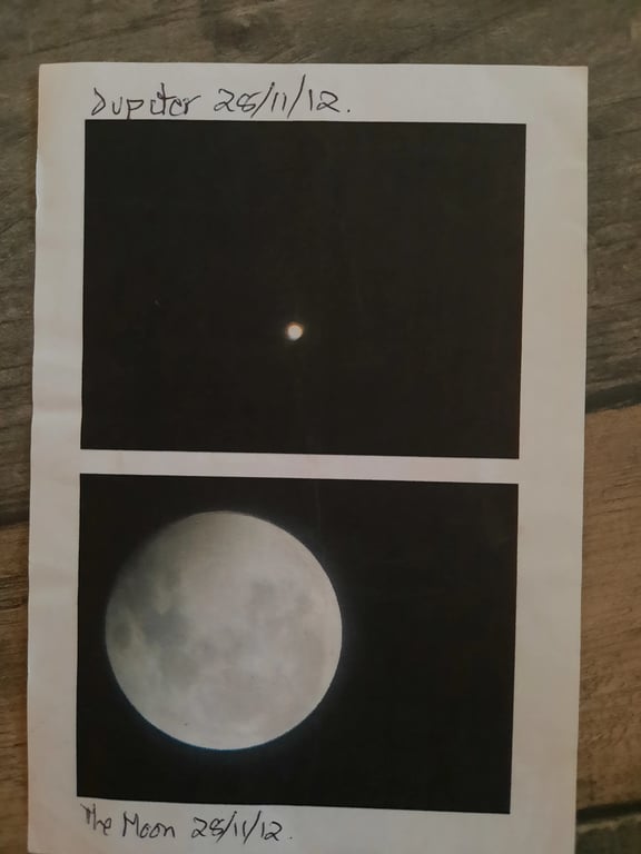 Jupiter and the Moon photographed through telescope, 25 Nov 2012