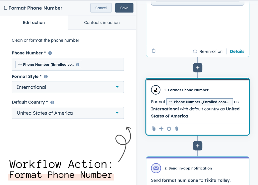 Clean Dial phone formatting action in a HubSpot workflow