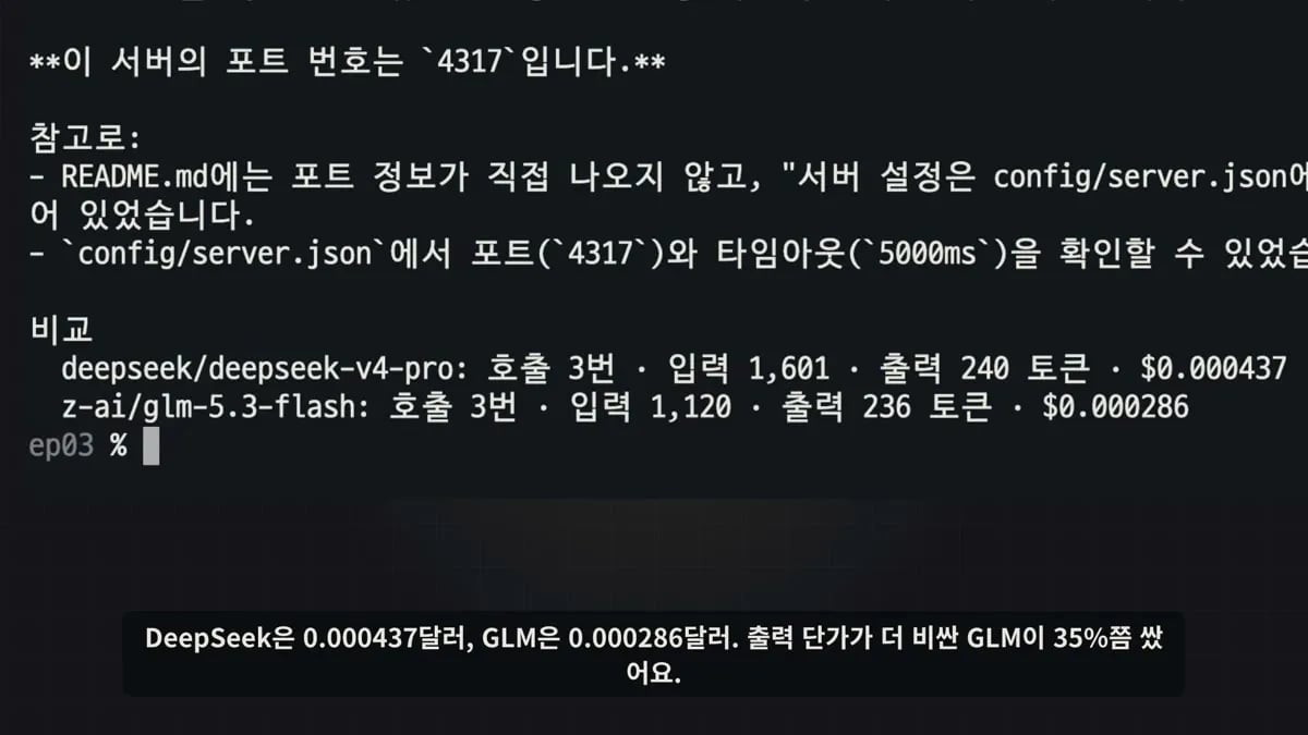 3편 과제 해설 · 같은 질문, DeepSeek $0.000437 vs GLM $0.000286