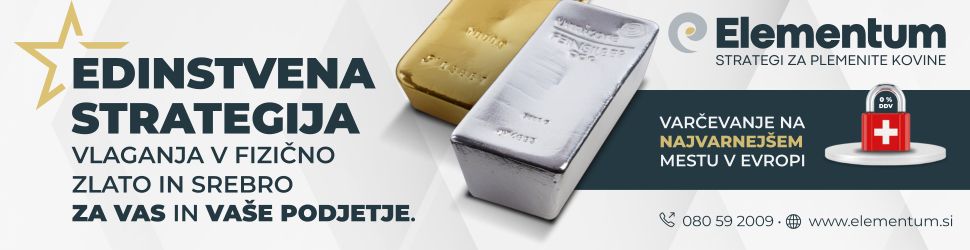 Elementum oglas za vlaganje v fizično zlato in srebro z motivom zlatih in srebrnih palic.