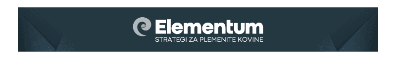 Logotip Elementum, partner članka in strokovnjak za plemenite kovine, prikazan na temno modri pasici.