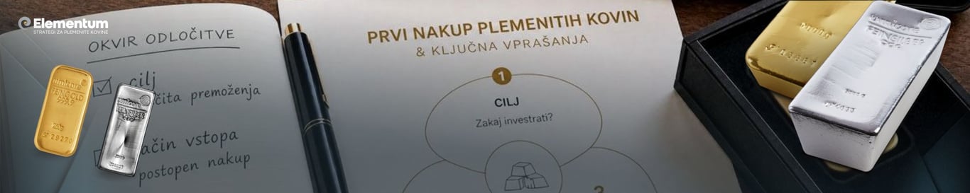 Zlate in srebrne palice ob načrtu za prvi nakup plemenitih kovin ter logotipu Elementum.