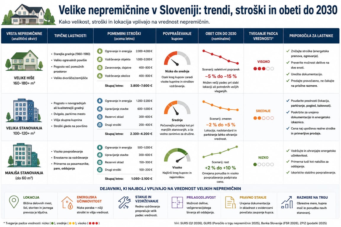 Velike nepremičnine v Sloveniji do 2030 – primerjava stroškov, povpraševanja, cen velikih hiš in stanovanj ter tveganja padca vrednosti.