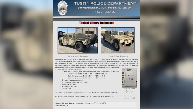 Humvees, Machine Gun Hardware, Bayonets Stolen From Military Storage Warehouse Near Los Angeles