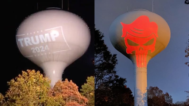 Pro-Trump Water Tower Projection Becomes Red Punisher Skull after Election Victory