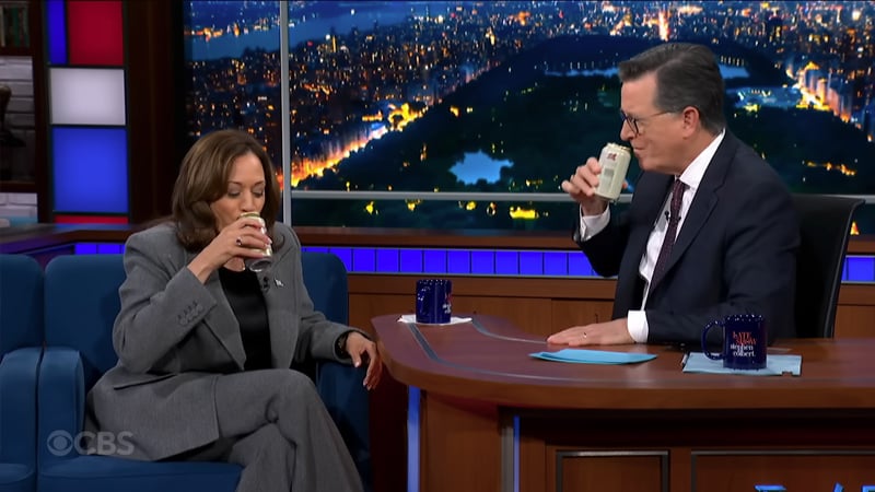 Cringe: Kamala Sips Beer with Colbert on Late Show
