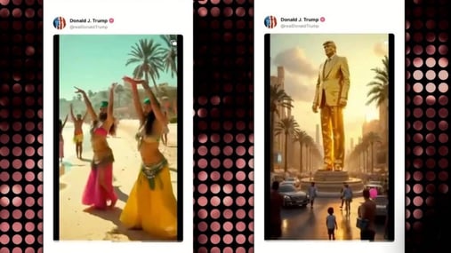 Image for Why Did Trump Repost Bizarre AI Video With Bearded Belly Dancers & Giant Golden Statue Of Himself In Gaza?