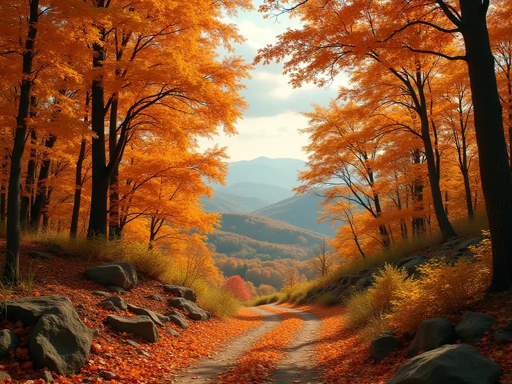 Tranquil Autumn Landscape with Golden Trees and Dirt Path