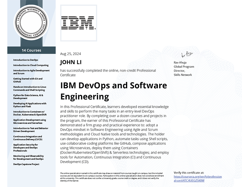 IBM DevOps and Software Engineering Professional Certificate