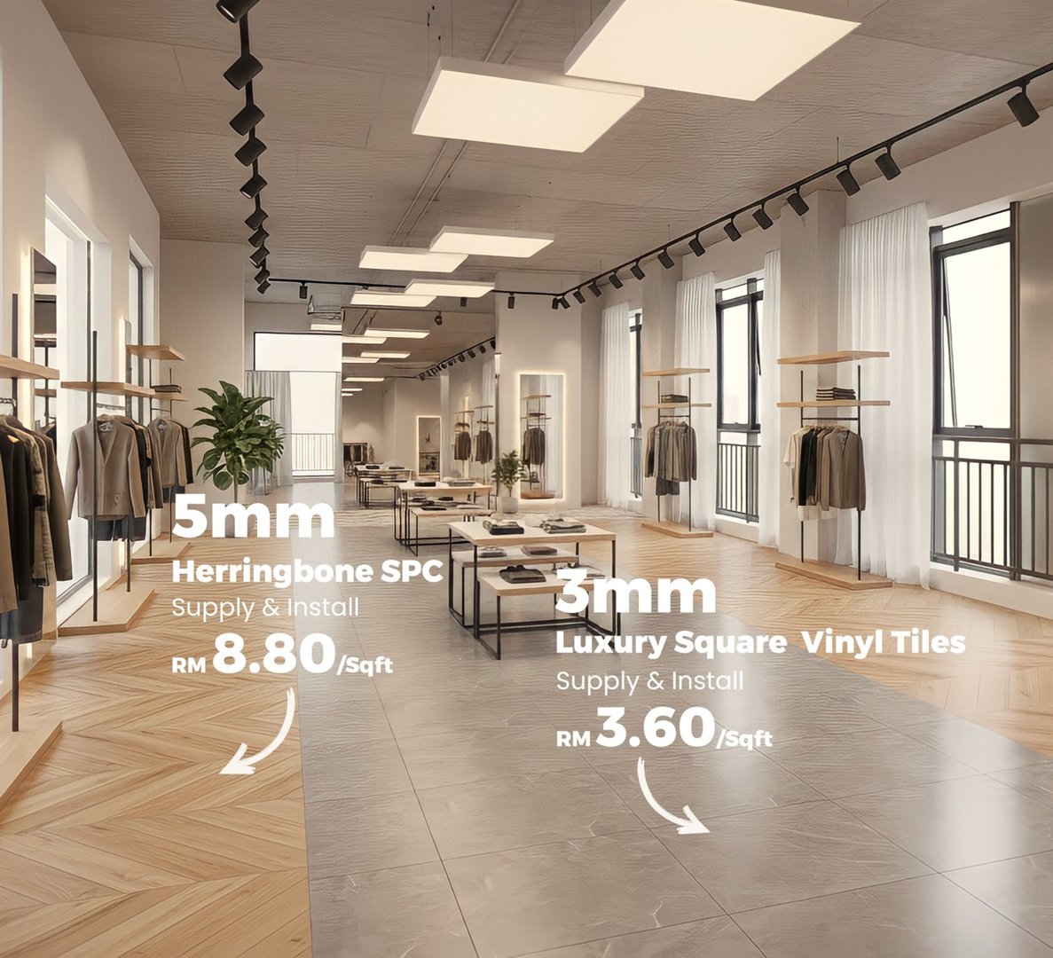 Citra Aladdin, Herringbone SPC Flooring & 3mm Luxury Square Vinyl Flooring Mixed In Retail Store At Kuala Lumpur Malaysia