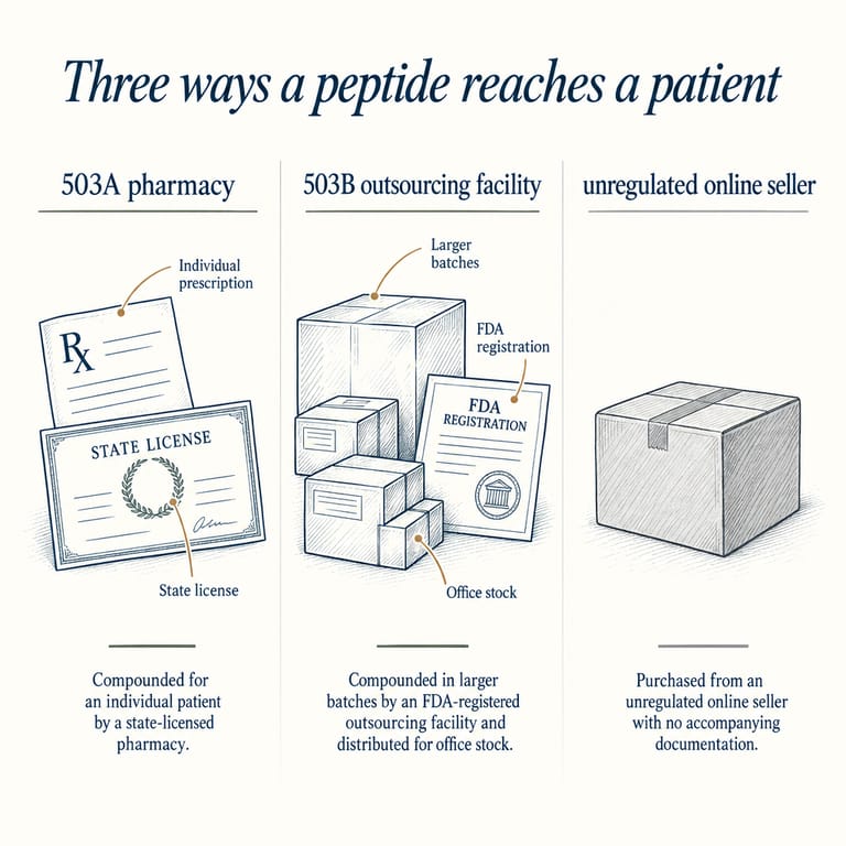 Three-column diagram of how a peptide reaches a patient: a state-licensed 503A compounding pharmacy preparing for an identified patient, an FDA-registered 503B outsourcing facility under cGMP, and an unregulated online seller with no licensure or traceability.