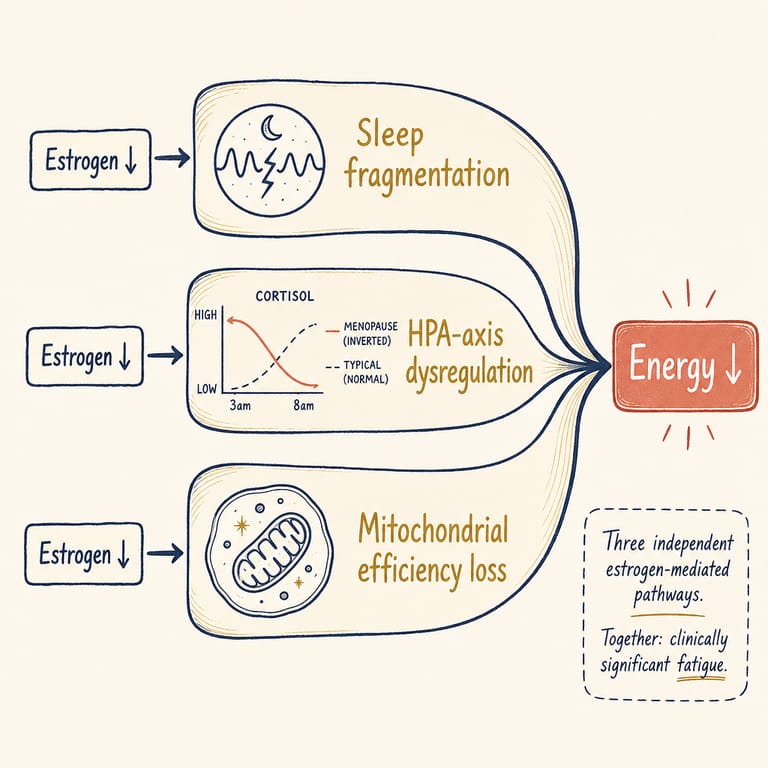 Menopause fatigue cascade — sleep, HPA-axis, and mitochondrial pathways converging