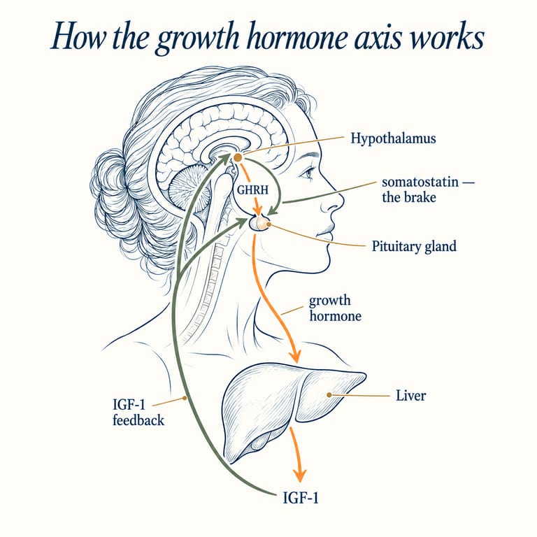 Diagram of the growth hormone axis: hypothalamic GHRH stimulates and somatostatin opposes release of growth hormone from the pituitary in pulses; IGF-1 from the liver feeds back to the hypothalamus and pituitary.