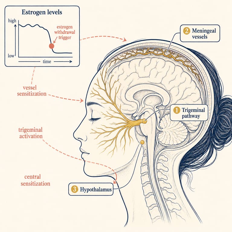 Estrogen-withdrawal migraine pathway — trigeminal and meningeal sensitization