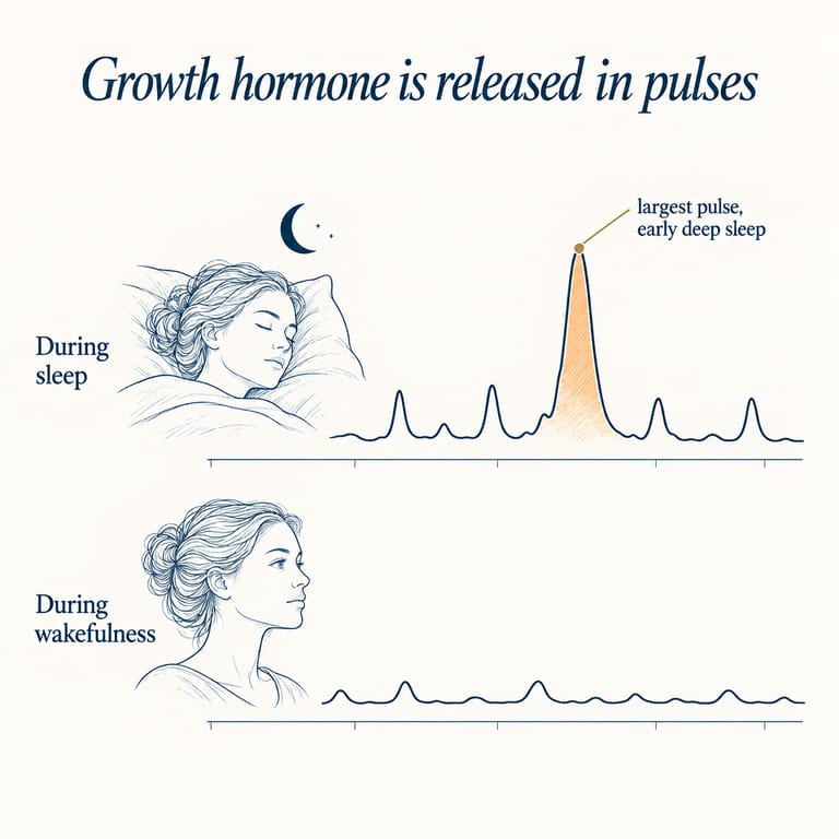 Line chart of growth hormone concentration over 24 hours showing discrete pulses, the largest during early sleep.