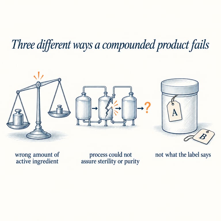 Three-panel diagram of how a compounded product can fail: wrong amount of active ingredient; a process that could not assure sterility or purity; a substance that is not what the label says.
