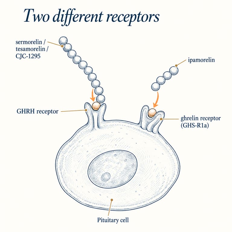 Diagram of two receptor families on a pituitary cell: the GHRH receptor, acted on by sermorelin, tesamorelin and CJC-1295, and the growth hormone secretagogue (ghrelin) receptor, acted on by ipamorelin.