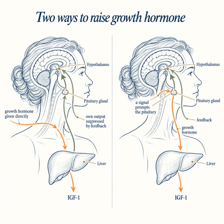 Two-panel diagram: a GHRH analogue prompting the pituitary to release growth hormone under its own regulation, beside injected growth hormone acting directly on tissues.