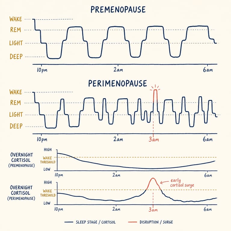 Disrupted sleep architecture in perimenopause — fragmented hypnogram and early cortisol surge