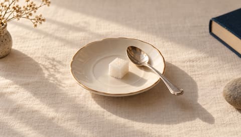 A single sugar cube on a cream saucer, a silver teaspoon resting beside it, on cream linen in soft window light