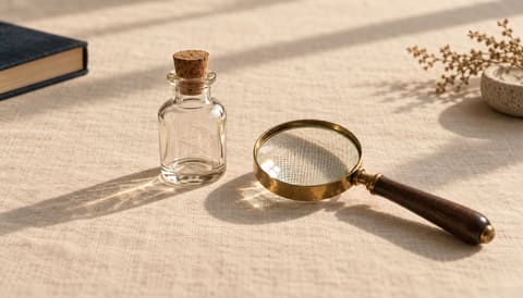 A small unlabelled clear glass bottle beside a brass-rimmed magnifying glass, on cream linen in soft window light