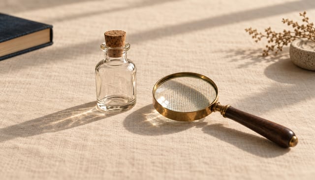 A small unlabelled clear glass bottle beside a brass-rimmed magnifying glass, on cream linen in soft window light