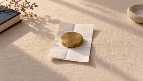 A folded paper receipt held flat under a small brass paperweight, on cream linen in soft window light