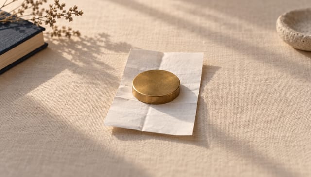 A folded paper receipt held flat under a small brass paperweight, on cream linen in soft window light