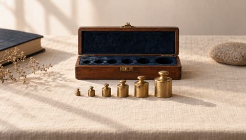 A set of small brass apothecary weights in a line, smallest to largest, the next slot in the felt-lined case still empty, on cream linen in soft window light