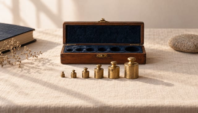A set of small brass apothecary weights in a line, smallest to largest, the next slot in the felt-lined case still empty, on cream linen in soft window light