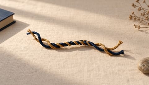 Two threads, one navy and one gold, twisted together into a single cord, on cream linen in soft window light
