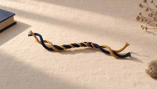 Two threads, one navy and one gold, twisted together into a single cord, on cream linen in soft window light